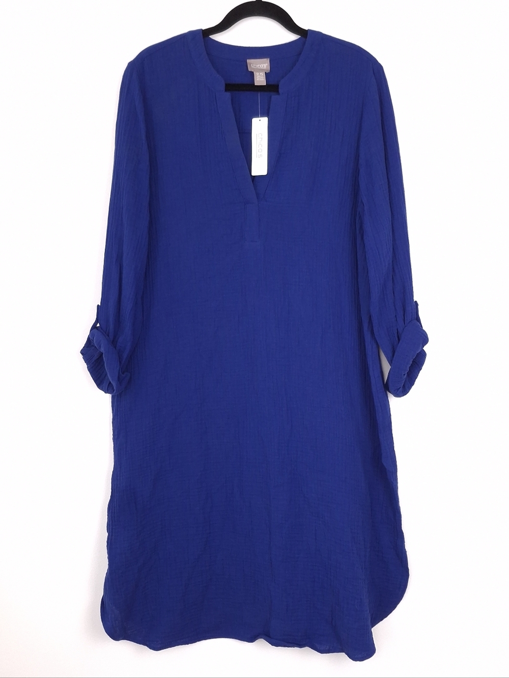 Chicos 2.5 Gauze Notch Neck Midi Dress Stratus Blue coastal resort wear roll tab